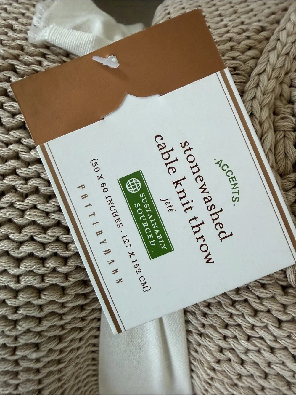 NWT POTTERY BARN Stonewashed Cable Knit Throw Blanket New 50 x 60 Flax
